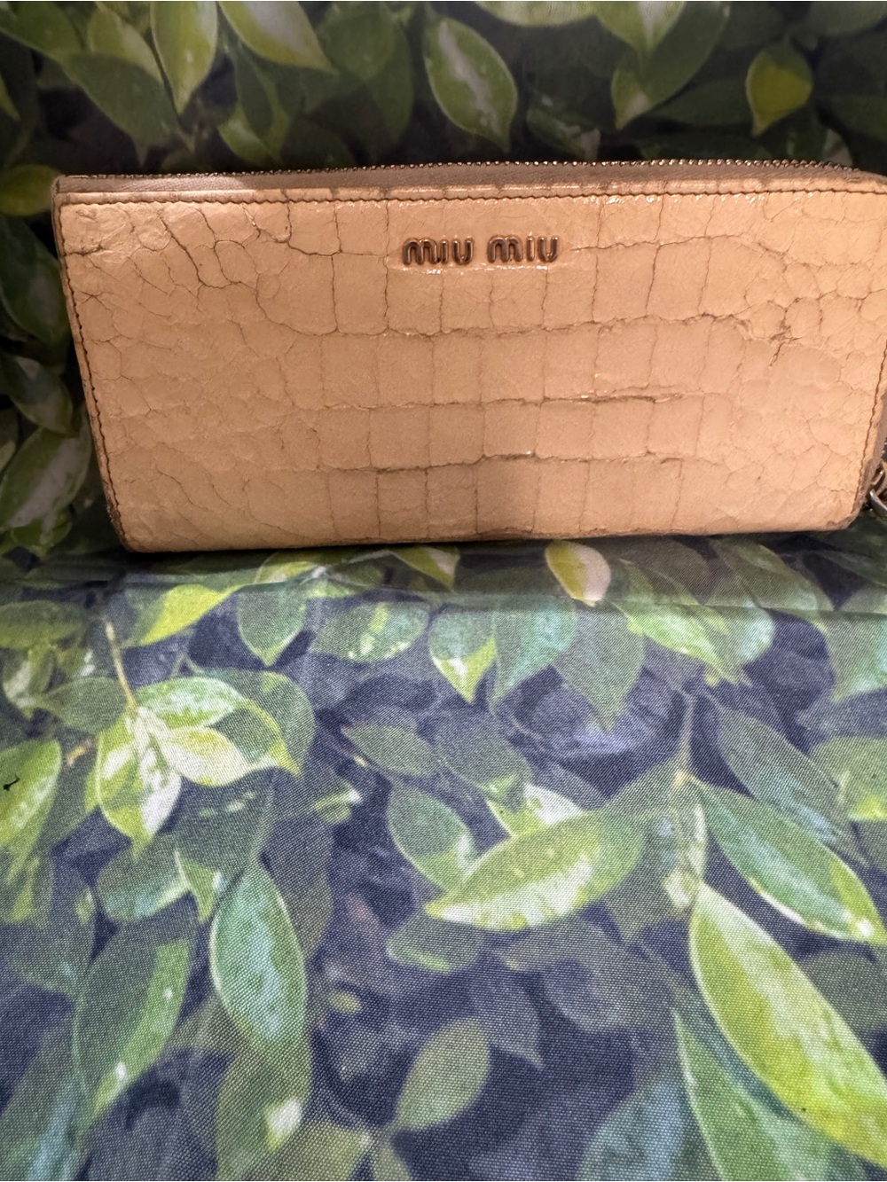 Miu Miu Pale Beige Croc-Embossed Zip Wallet